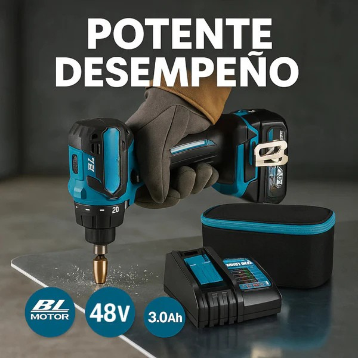 TALADRO INALAMBRICO con PERCUTOR + 24 ACCESORIOS + 2 BATERIAS 48V