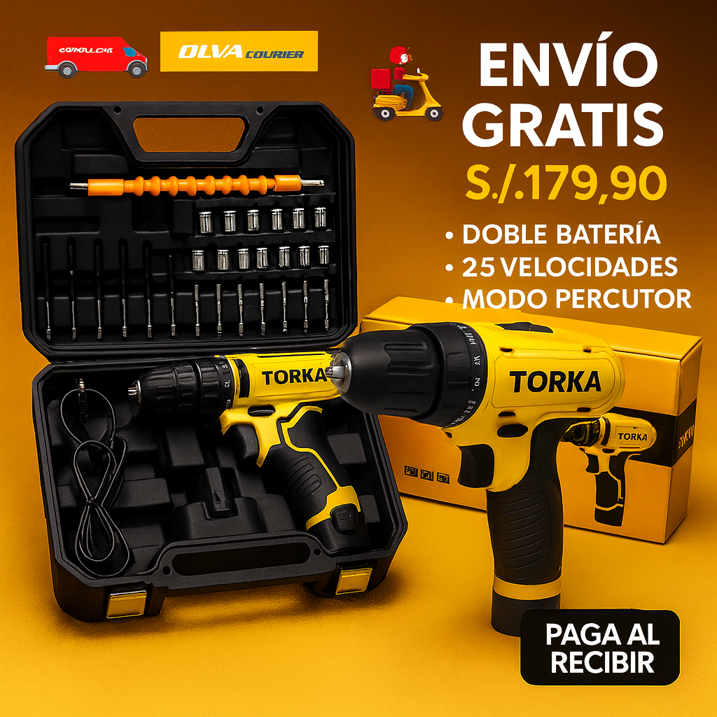 TALADRO INALAMBRICO con PERCUTOR + 26 ACCESORIOS + 2 BATERIAS