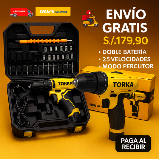 TALADRO INALAMBRICO con PERCUTOR + 26 ACCESORIOS + 2 BATERIAS
