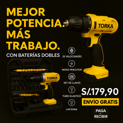 TALADRO INALAMBRICO con PERCUTOR + 26 ACCESORIOS + 2 BATERIAS